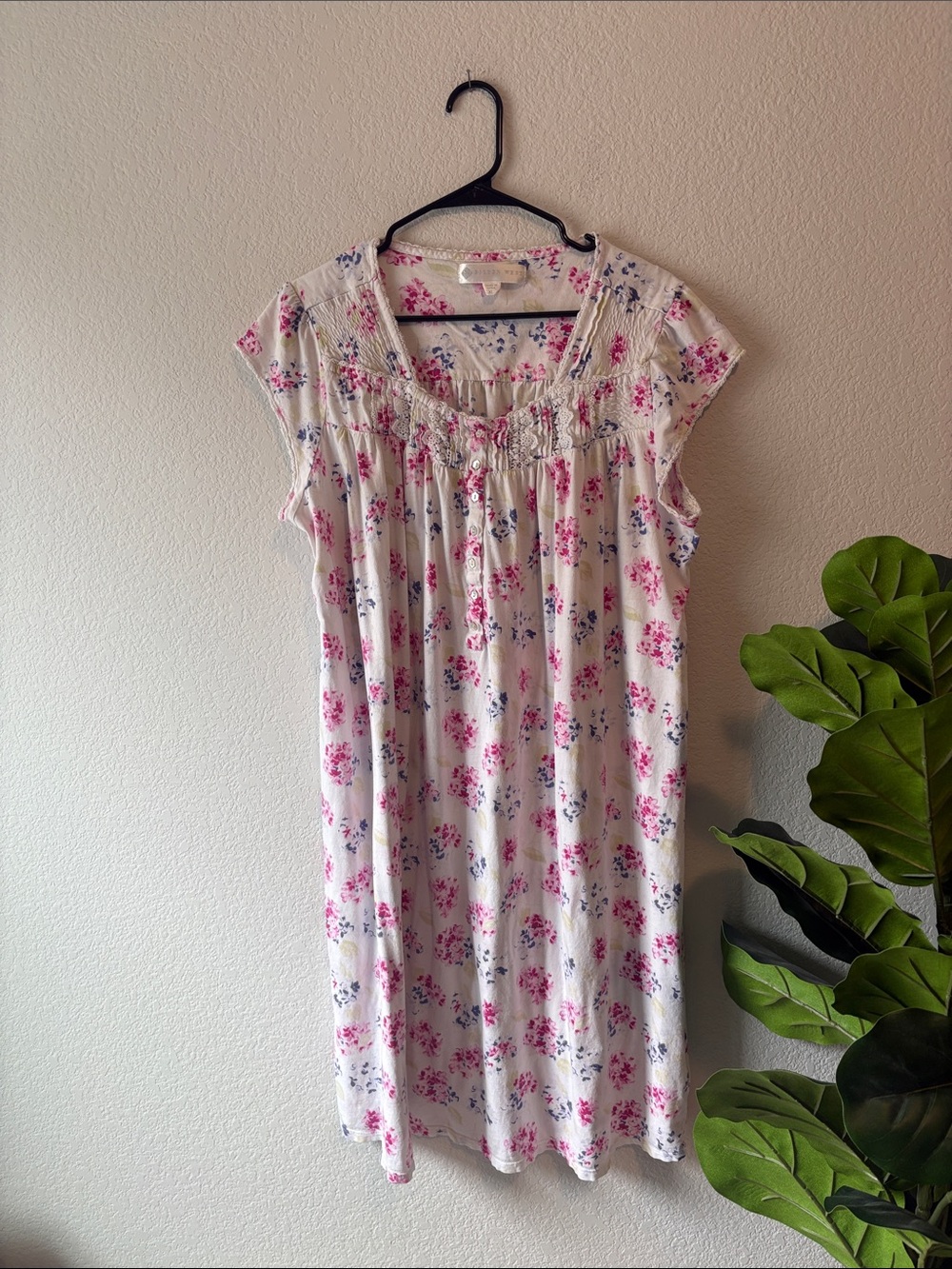 Eileen West White Floral Cotton Nightgown with Pink & Blue Blooms